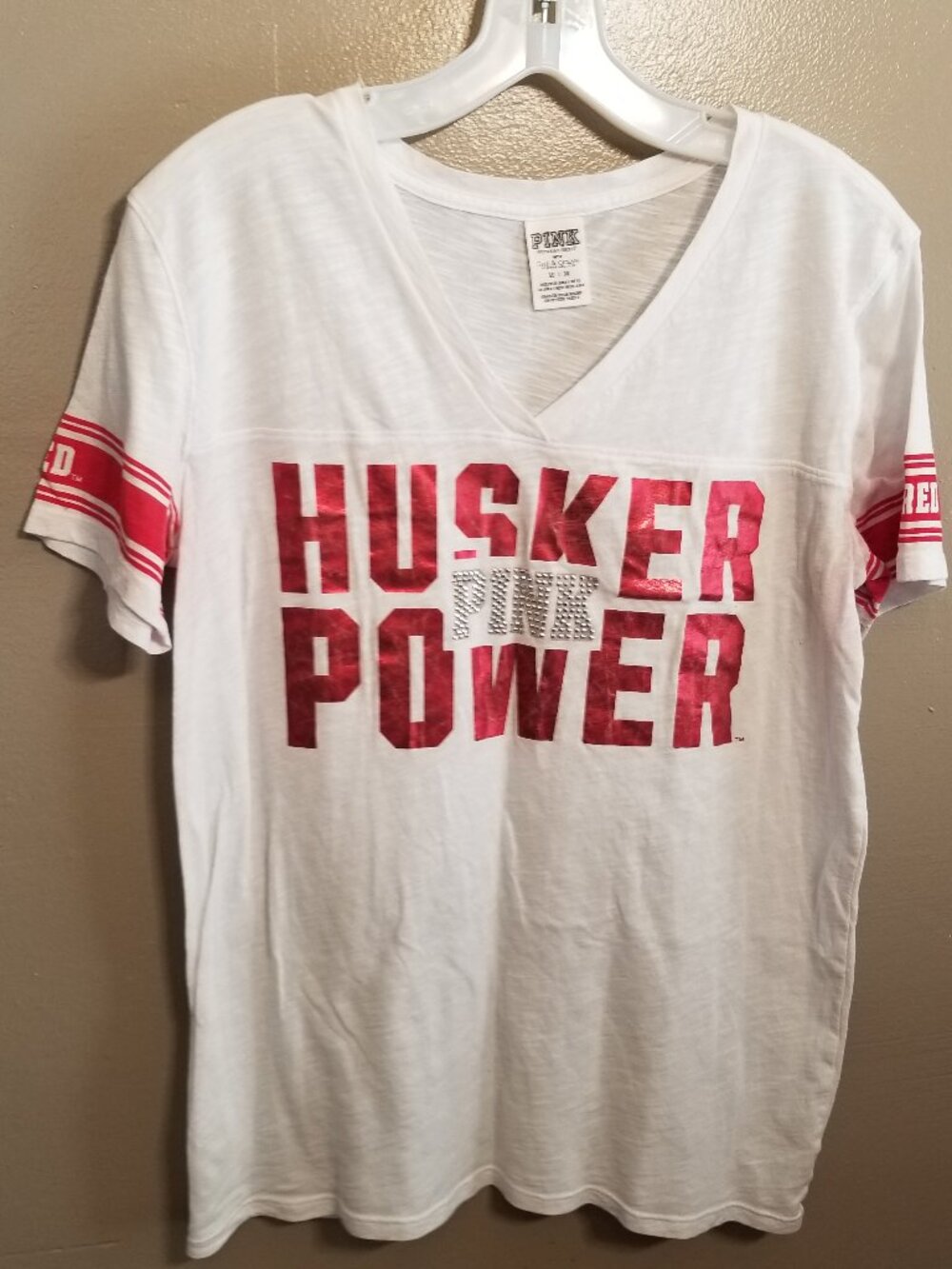 Pink Victoria's Secret Nebraska Cornhuskers "Husker Power" Short Sleeve V-Neck